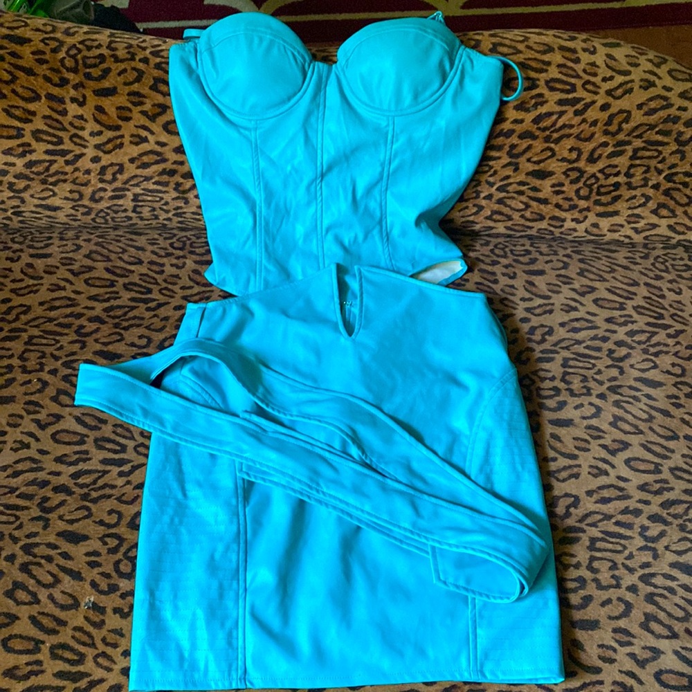 Turquoise two piece faux leather set top body suit bottom skirt